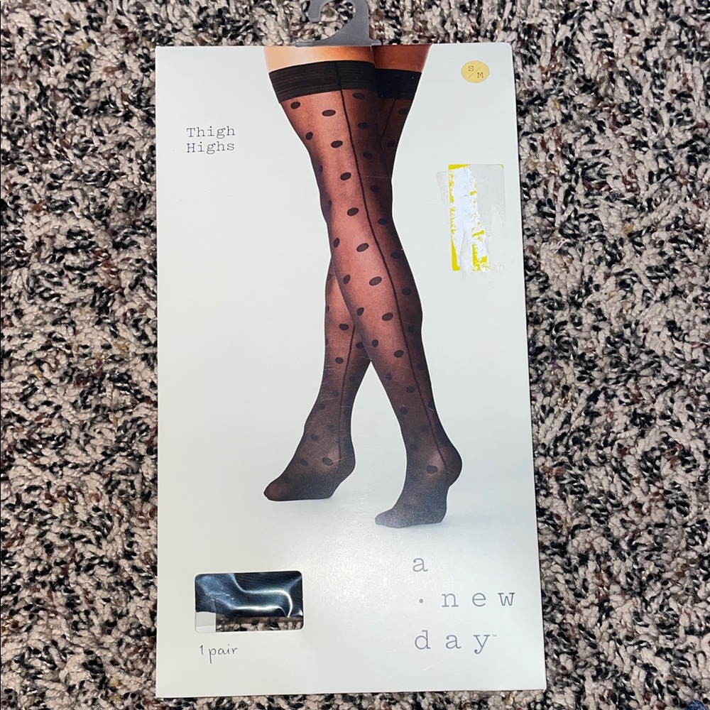 A New Day Sheer Black Polka Dot Thigh Highs Various Sizes | NWT S/M